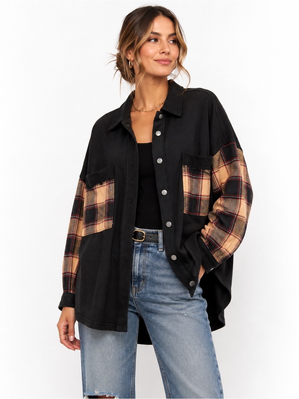 VICI Black Plaid Mixed Media Oversized Shacket Shirt Jacket Size Medium